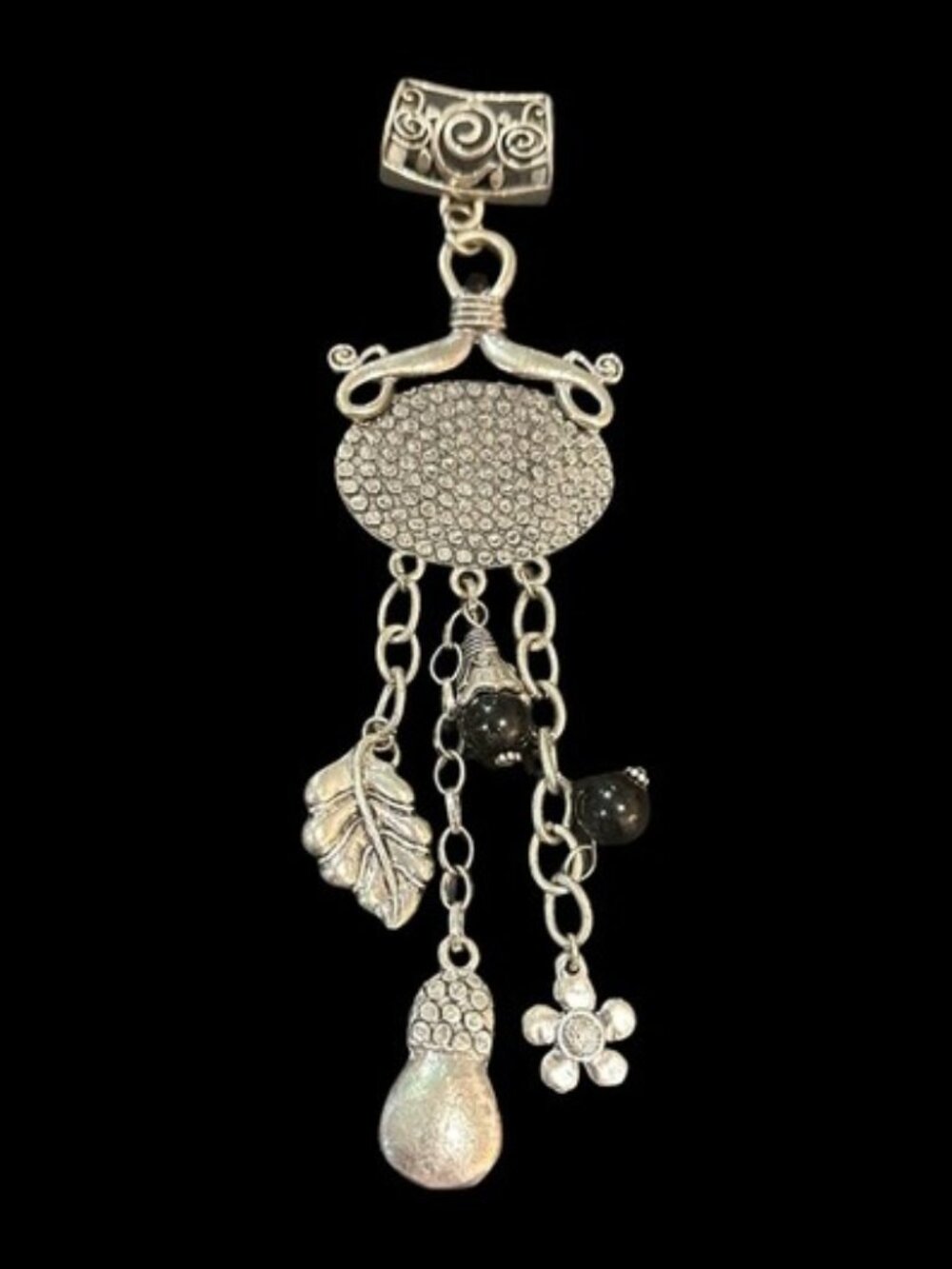 Ornate Scarf Slide Silver Tone Black Textured Charms Womens Accessory